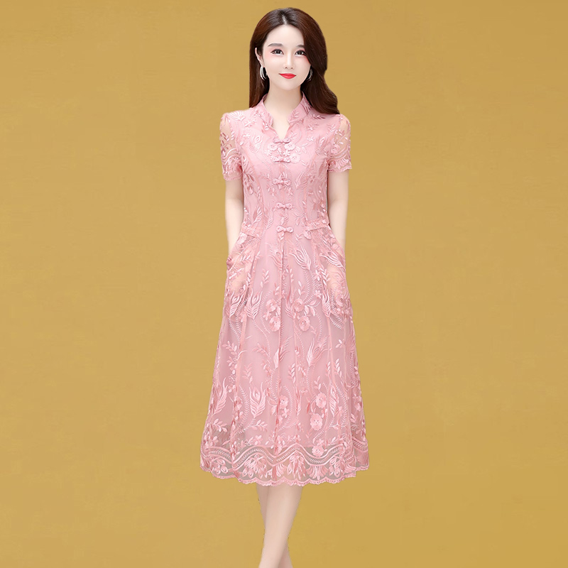 夏装新款改良旗袍连衣裙中长款韩版显瘦中年女士年轻款蕾丝裙子