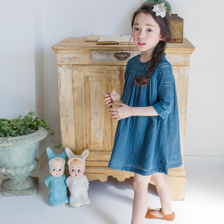 韩版新款纯色夏季长袖女童夏款唯美蕾丝拼接连衣裙公主裙娃娃装