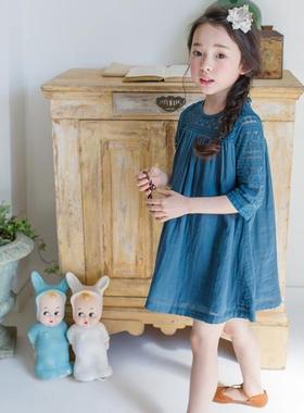 韩版新款纯色夏季长袖女童夏款唯美蕾丝拼接连衣裙公主裙娃娃装