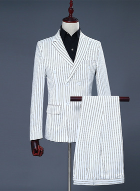 时尚男主持人歌手西装礼服白色竖条纹双排扣演出西服套装舞台男装
