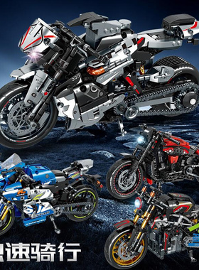 多煌中国积木摩托车模型男孩子男生高难度机械组拼装玩具机车生日