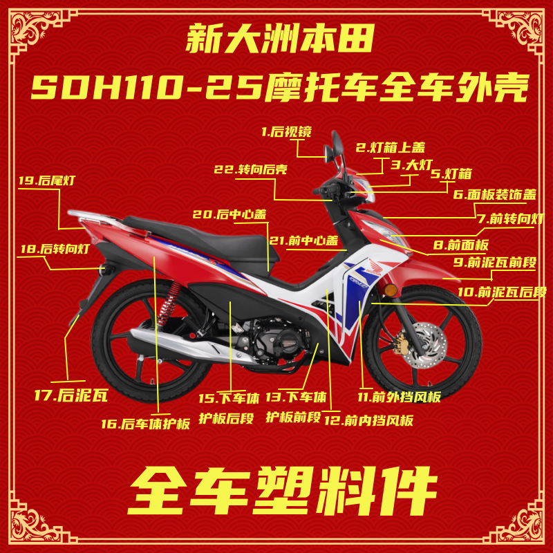 原装厂新大洲本田摩托车配件SDH110-25全整车配件外壳外观塑料件