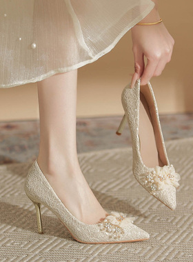 金色蕾丝高跟鞋女水晶花朵新娘婚鞋秀禾礼服主婚纱不累脚细跟单鞋