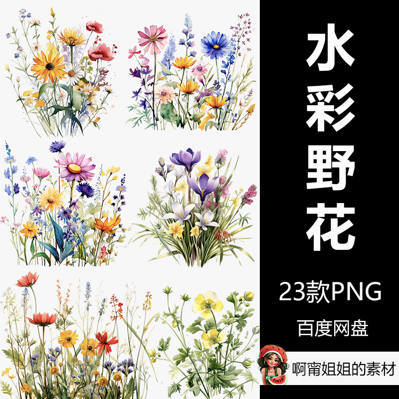 墙壁艺术套装水彩野花手绘装饰背景花卉草丛PNG免抠设计素材新品