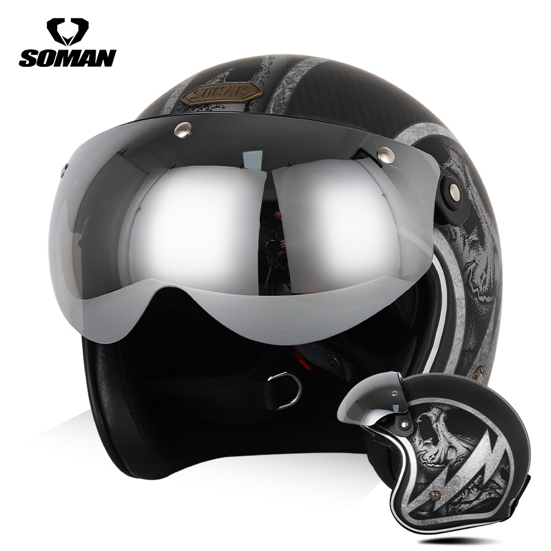 高档SOMAN摩托车复古哈雷半盔男电动车四分之三机车头盔碳纤维女