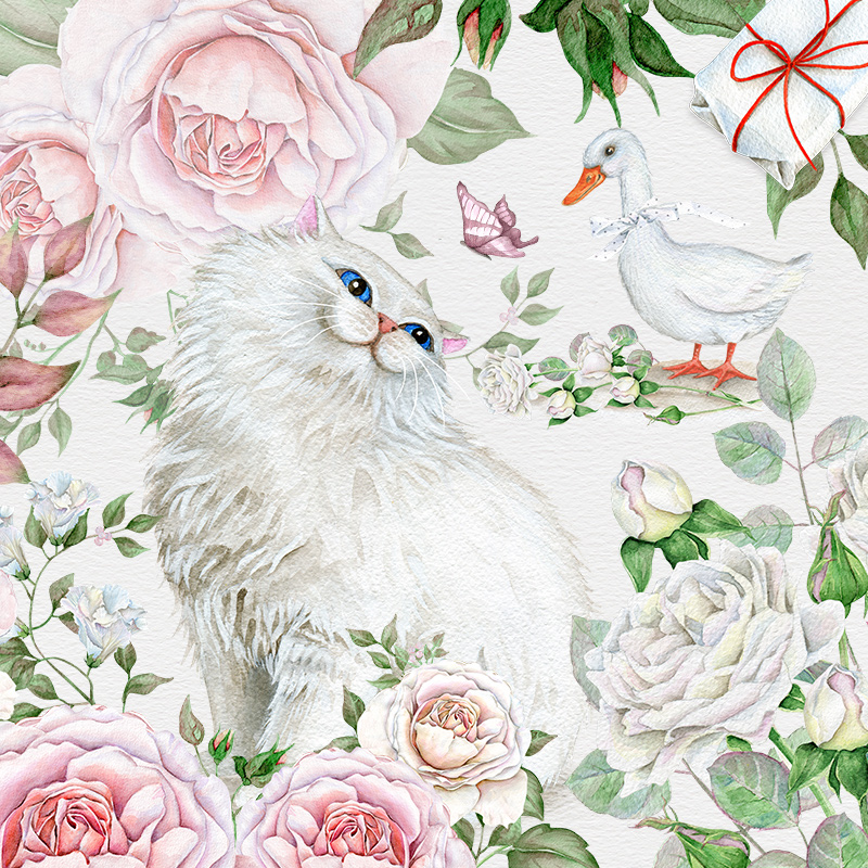 手绘水彩白色玫瑰花卉动物波斯猫咪白鹅蝴蝶PNG手账免抠设计素材
