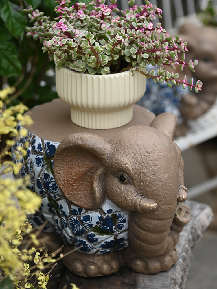 创意仿青花瓷大象底座摆件柱子庭院花园户外动物墩子盆景门口装饰