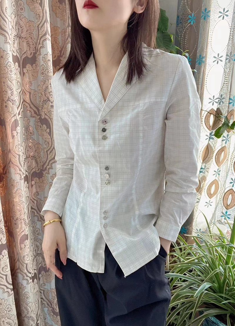 夏季新品女士衬衫长袖打底衫韩版时尚设计感小众格子棉衬衣外套潮