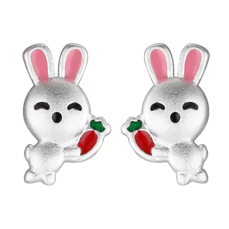 韩版卡通可爱滴胶喷砂胡萝卜兔子耳钉女简约甜美小动物耳饰品