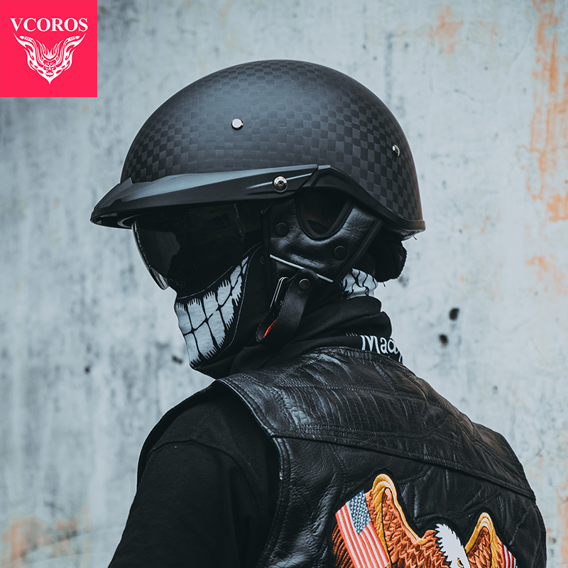 VCOROS碳纤维头盔哈雷半盔复古电动摩托车瓢盔男女机车夏季3C认证