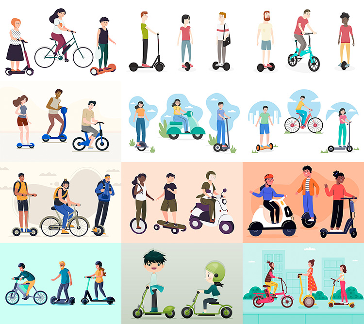骑电车人物插画 卡通平衡车体感代步车电摩托 AI格式矢量设计素材
