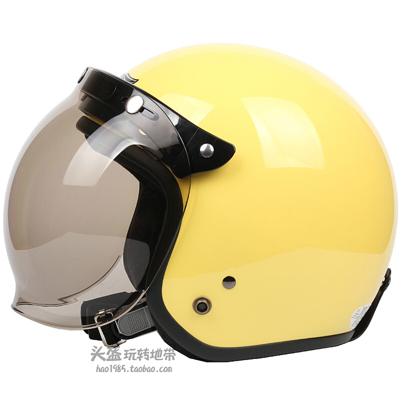 。台湾正安奶黄色哈雷电动摩托车头盔男女通用防晒复古半盔保暖冬