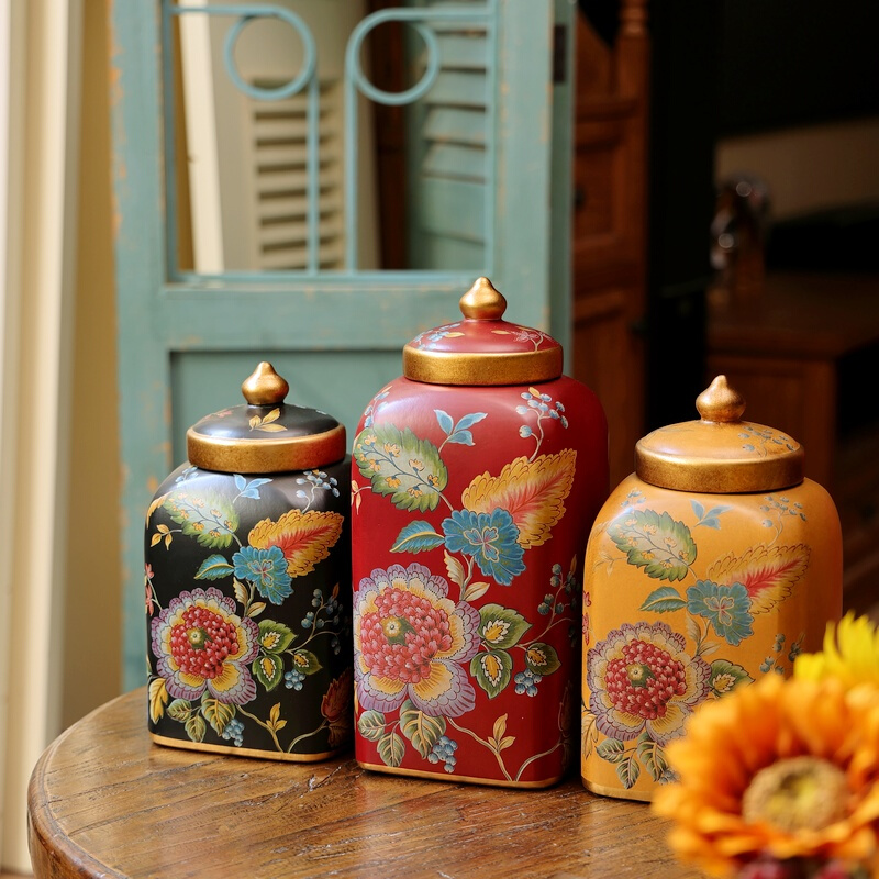 复古美式田园花纹陶瓷花瓶客厅桌面摆件收纳糖果罐子装饰品摆件