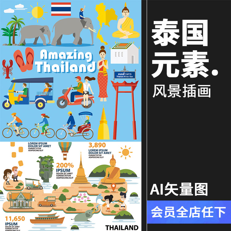 卡通泰国风格旅游风景图案人物元素背景活动设计AI矢量图片素材