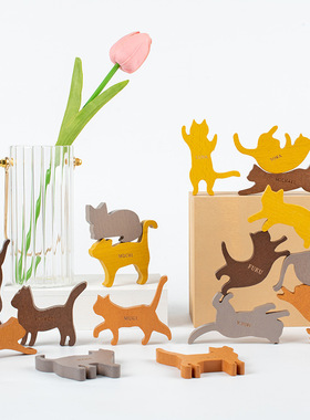 外贸卡通动物小猫叠叠乐积木平衡叠叠高创意堆塔木制摆件早教玩具