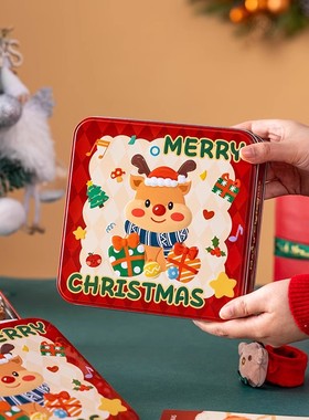 圣诞曲奇饼干包装盒包装铁盒正方形铁罐家用烘焙专用卡通可爱盒子