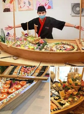竹制龙船豪华刺身船干冰船自助餐海鲜拼盘寿司盛台刺身船理寿司船