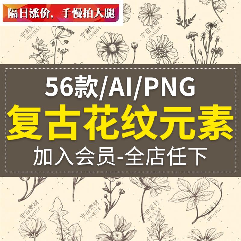 欧式复古花纹花卉花朵卡片蝴蝶边框装饰免扣PNG图案 AI矢量素材