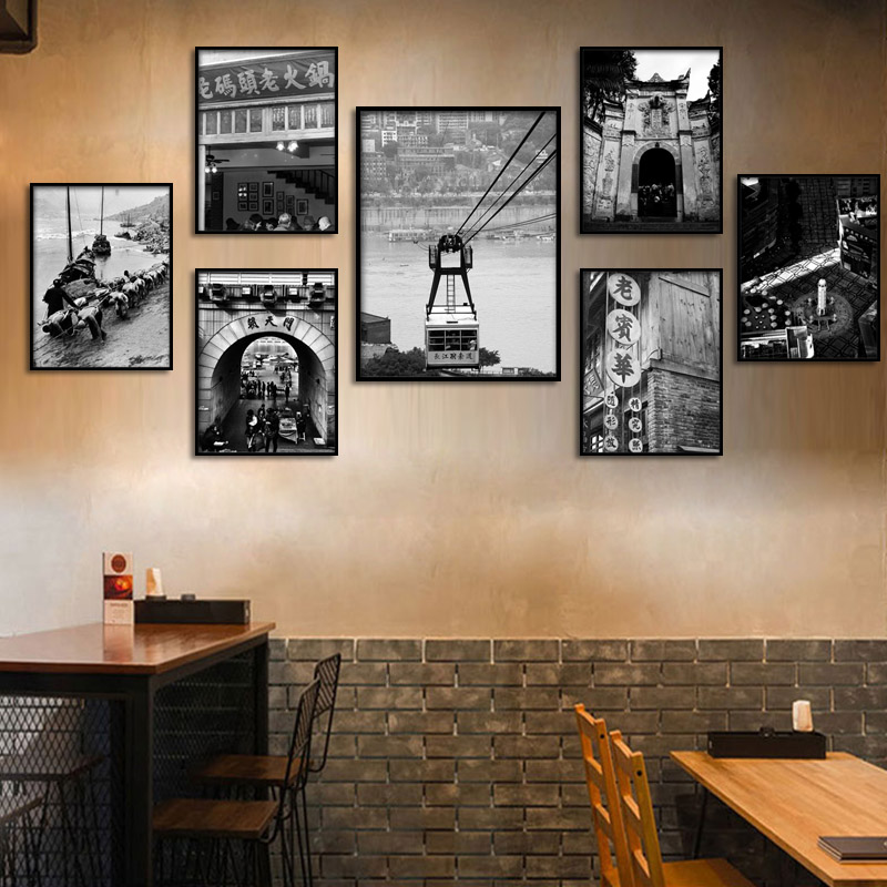 黑白老重庆照片装饰画复古怀旧餐厅挂画火锅店餐馆饭店个性墙壁画