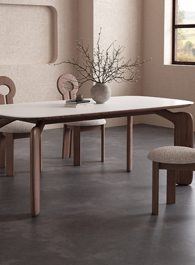 中古风岩板餐桌椅组合胡桃木色简约现代实木家用长方形饭桌小户型