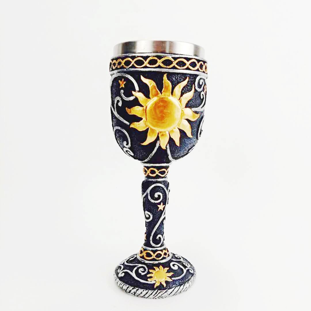 太阳月亮图案图腾树脂不锈钢高脚杯个性桌面装饰摆件杯