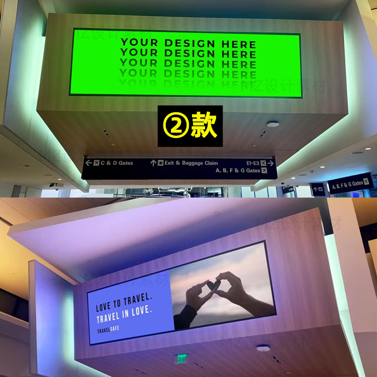 飞机场航班信息显示LED屏幕广告招牌效果PSD样机智能贴图设计素材