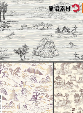 古典欧式中国风素描山脉山水画农场亭子印花图案AI矢量设计素材