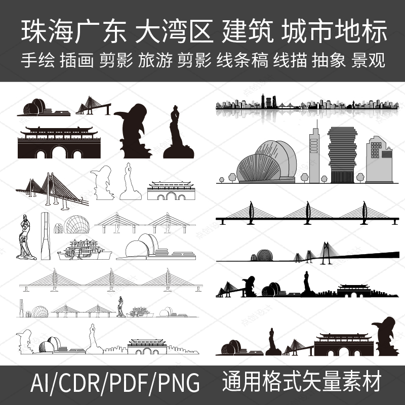 珠海广东大湾区代表建筑城市剪影地标素材景观手绘插画线条描稿