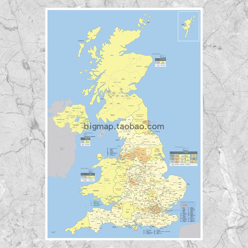 英国行政区划地图简约版 留学移民旅游公司区域划分贴图装饰画