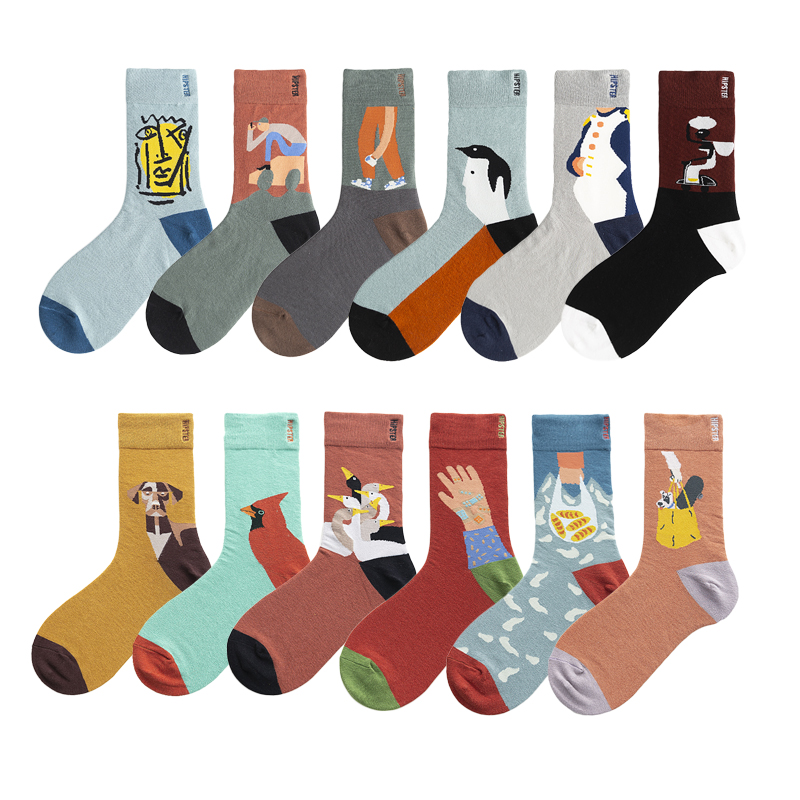 新款ins潮牌个性抽象法式艺术插画系列中筒袜男女街头运动长袜
