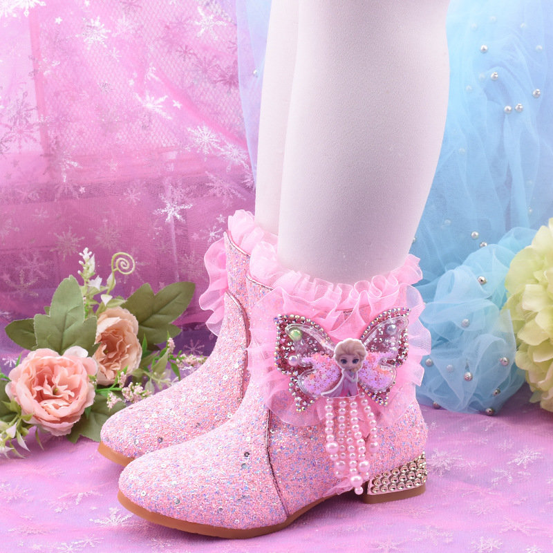 新款女童靴子保暖加绒时尚高跟短靴爱莎卡通头像小公主童靴骑士靴