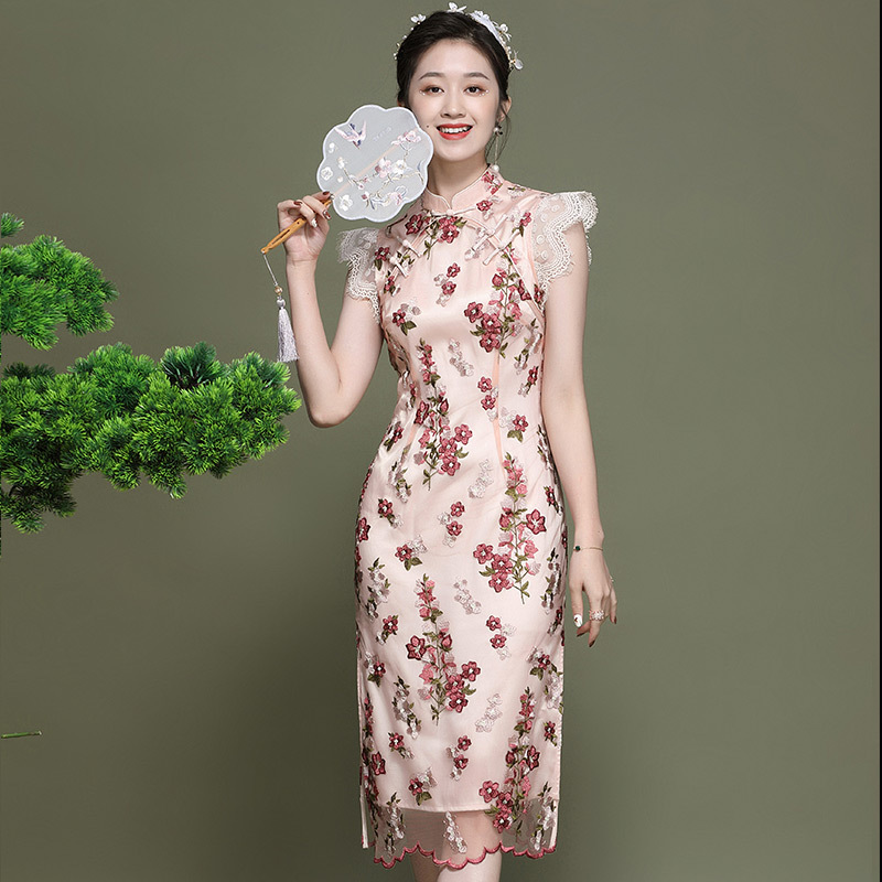 CHVNFL新中式改良旗袍 中国风刺绣气质中长年轻款夏连衣裙高品质