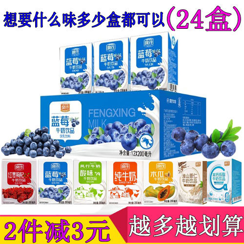 风行牛奶蓝莓味200ml*24盒 红枣枸杞高钙纯牛奶高钙原味酸奶整箱