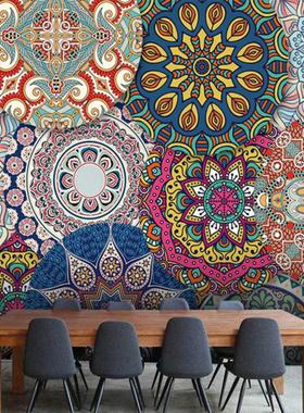 彩色花纹摩洛哥风格墙纸波西米亚复古民族风壁纸餐厅民宿酒店墙布