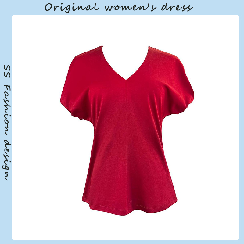 红色泡泡袖v领醋酸t恤设计感小众今年流行漂亮小衫收腰上衣女夏季