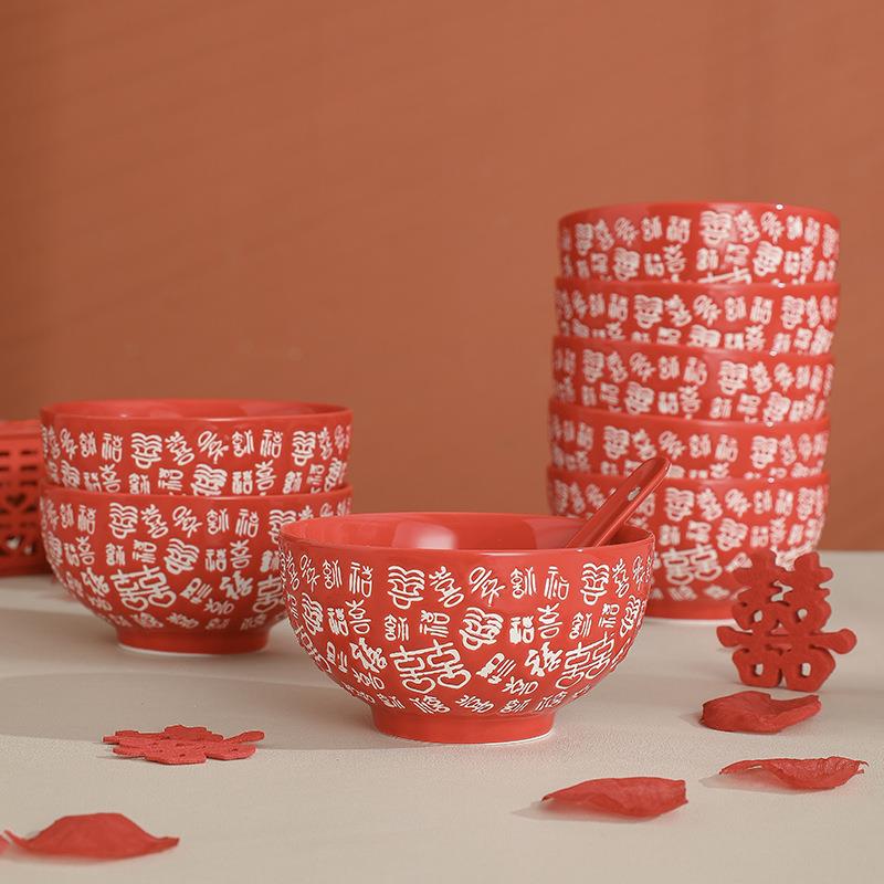 中式结婚喜碗礼物碗筷套装新婚送新人百喜碗女方陪嫁创意红色对碗