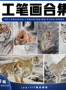 中国现代工笔画花鸟鱼虫山水人物狮虎鹰猫狗临摹高清JPG图片素材