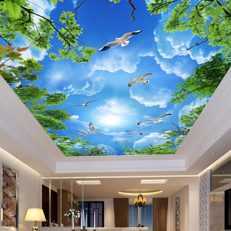 天顶3d壁纸吊顶天花板壁画墙纸房顶棚蓝天白云绿色风景树枝装饰画