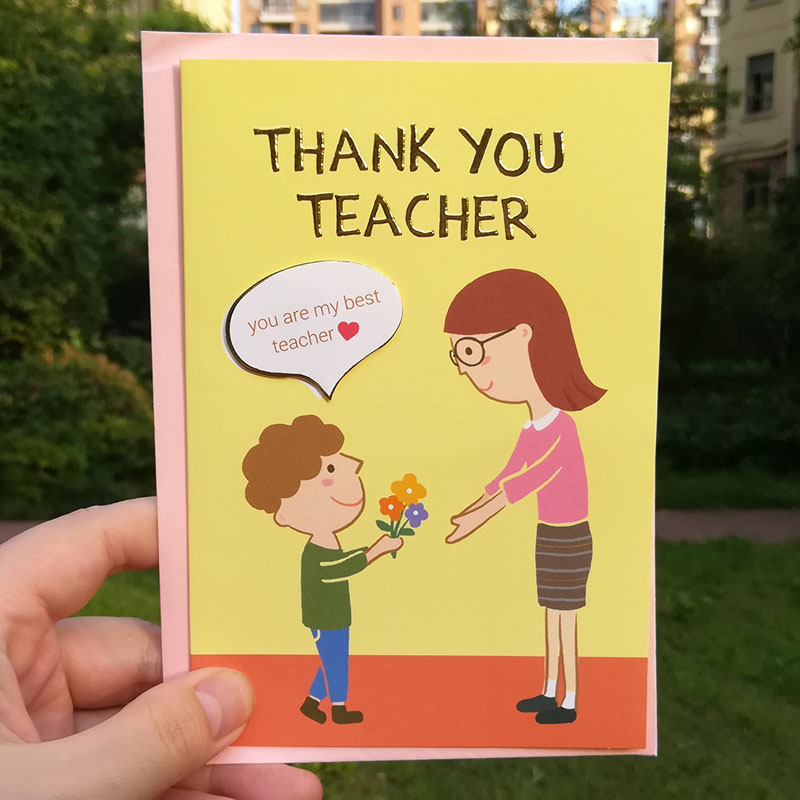 台湾学生升学感谢老师英语祝福卡片卡通献花男孩烫金教师节贺卡