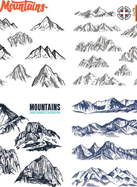 手绘各种形状山脉山峰草图剪影插画AI矢量设计素材