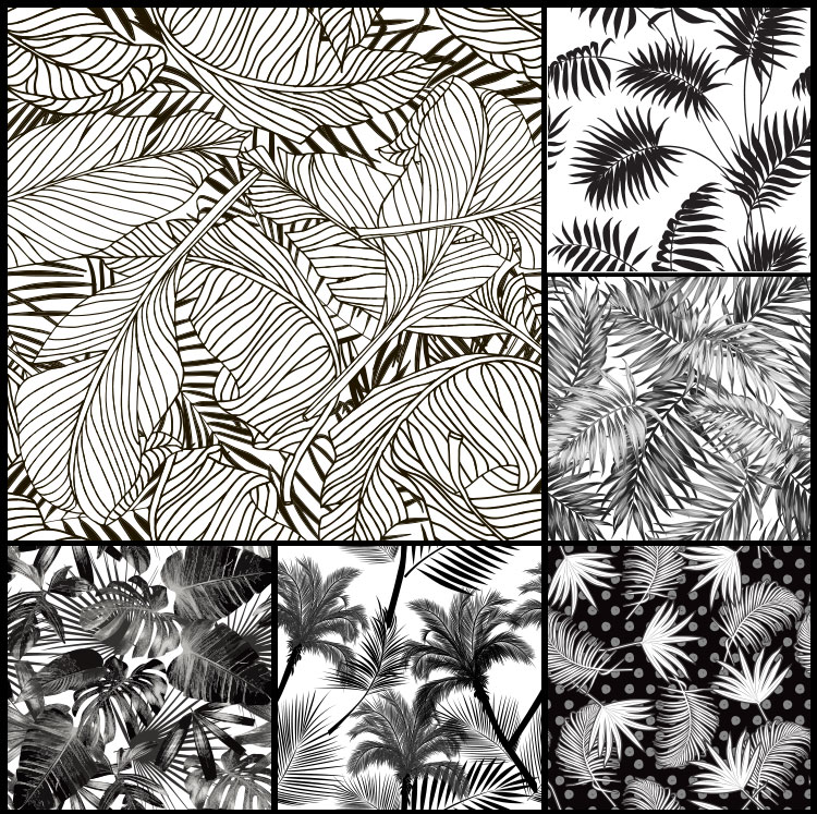 黑白简约夏季植物树叶子背景墙纸地毯无缝印花图案EPS矢量素材