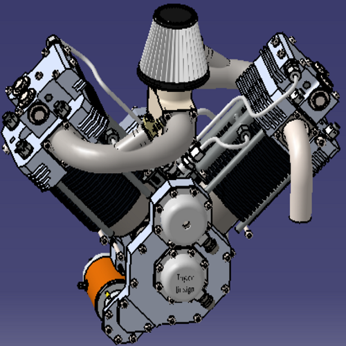 2两缸V型汽油发动机三维几何数模型stp图纸起动机造型凸轮轴活塞