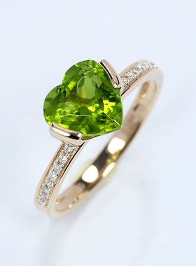 18K玫瑰金天然心形橄榄石戒指 钻石绿色宝石女茜茜公主正品定制