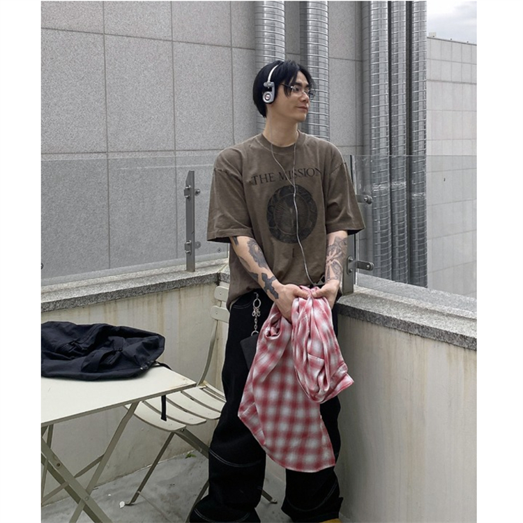 MRDONG韩国男装代购民族风复古图腾花纹印花做旧水洗宽松短袖T恤