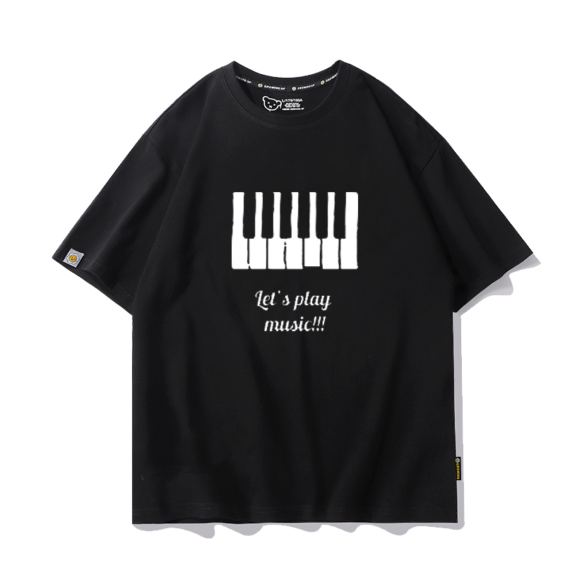 钢琴键图案音乐piano音符T恤短袖圆领夏季男女小童钢琴上衣半袖