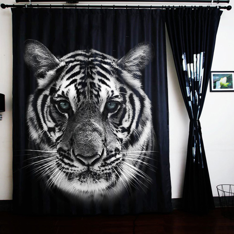 来图定制动物老虎狮子北欧简约黑白工业风卧室飘窗帘遮光布帘黑色