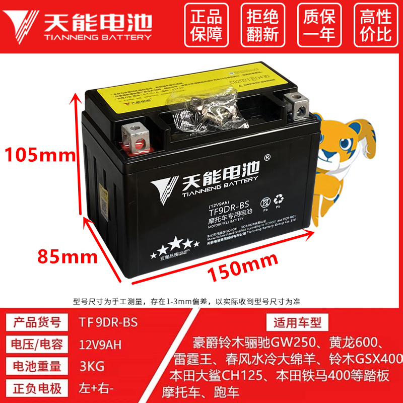 天能摩托车电瓶YTX9-BS黄龙600/300光阳250贝纳利GW25012V电池