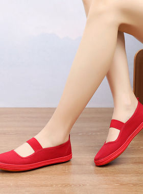 环球国途红布鞋红色平底平跟广场舞鞋妈妈舞蹈鞋帆布鞋红鞋闰月鞋