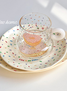 原创自制ins风手绘创意可爱甜甜圈耐高温玻璃杯餐盘彩色大容量