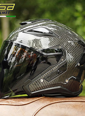 GSB碳纤维摩托车头盔男女双镜片机车四季安全夏季四分之三半盔278
